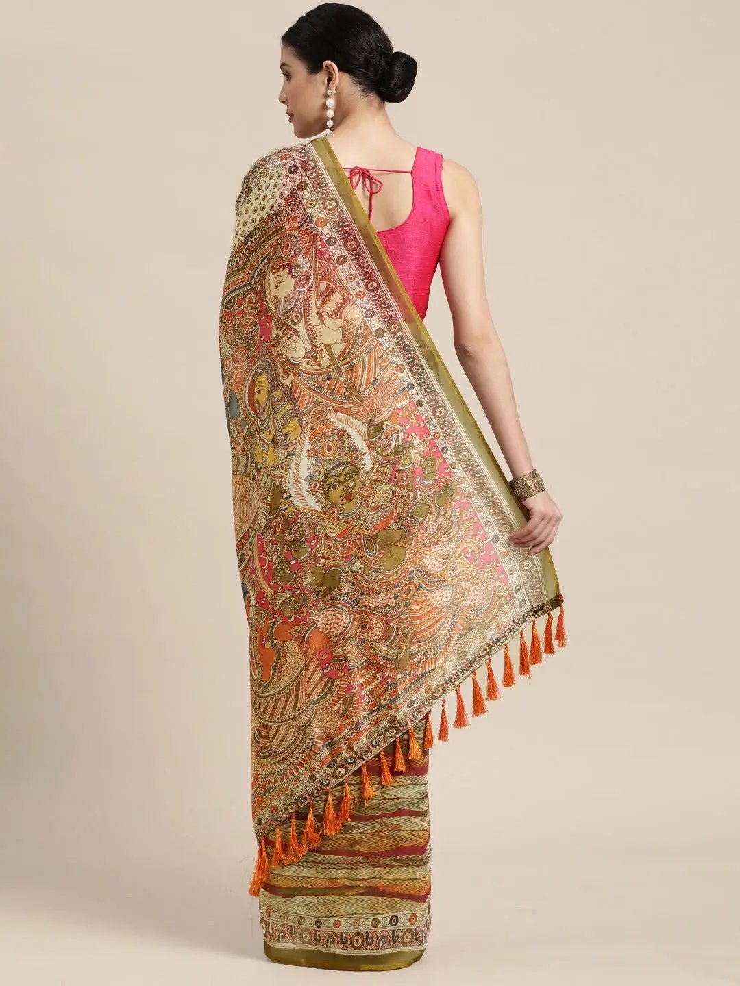 Kalamakri  Digital Print Soft Linen Saree With Zari border 