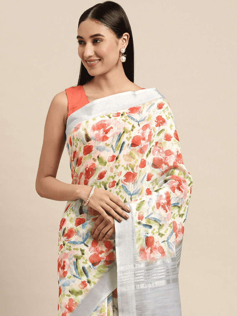 Beautiful Digital Flower Print Design Soft Linen Saree