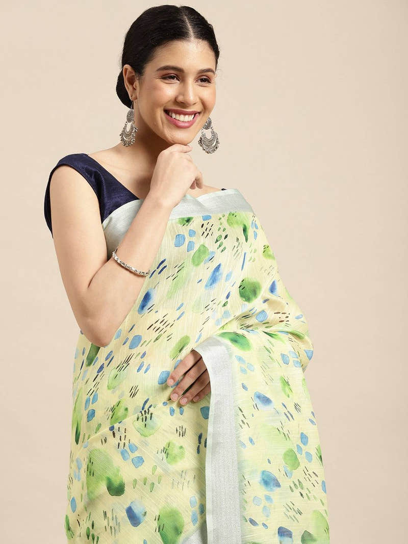 Beautiful Digital Flower Print Design Soft Linen Saree
