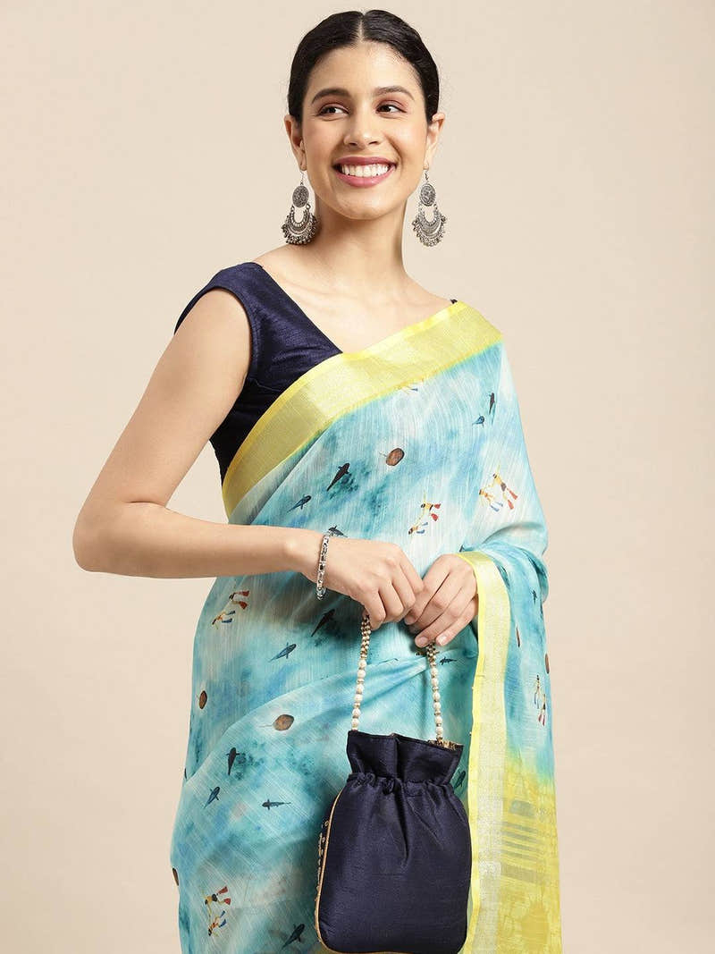 Beautiful Digital Flower Print Design Soft Linen Saree