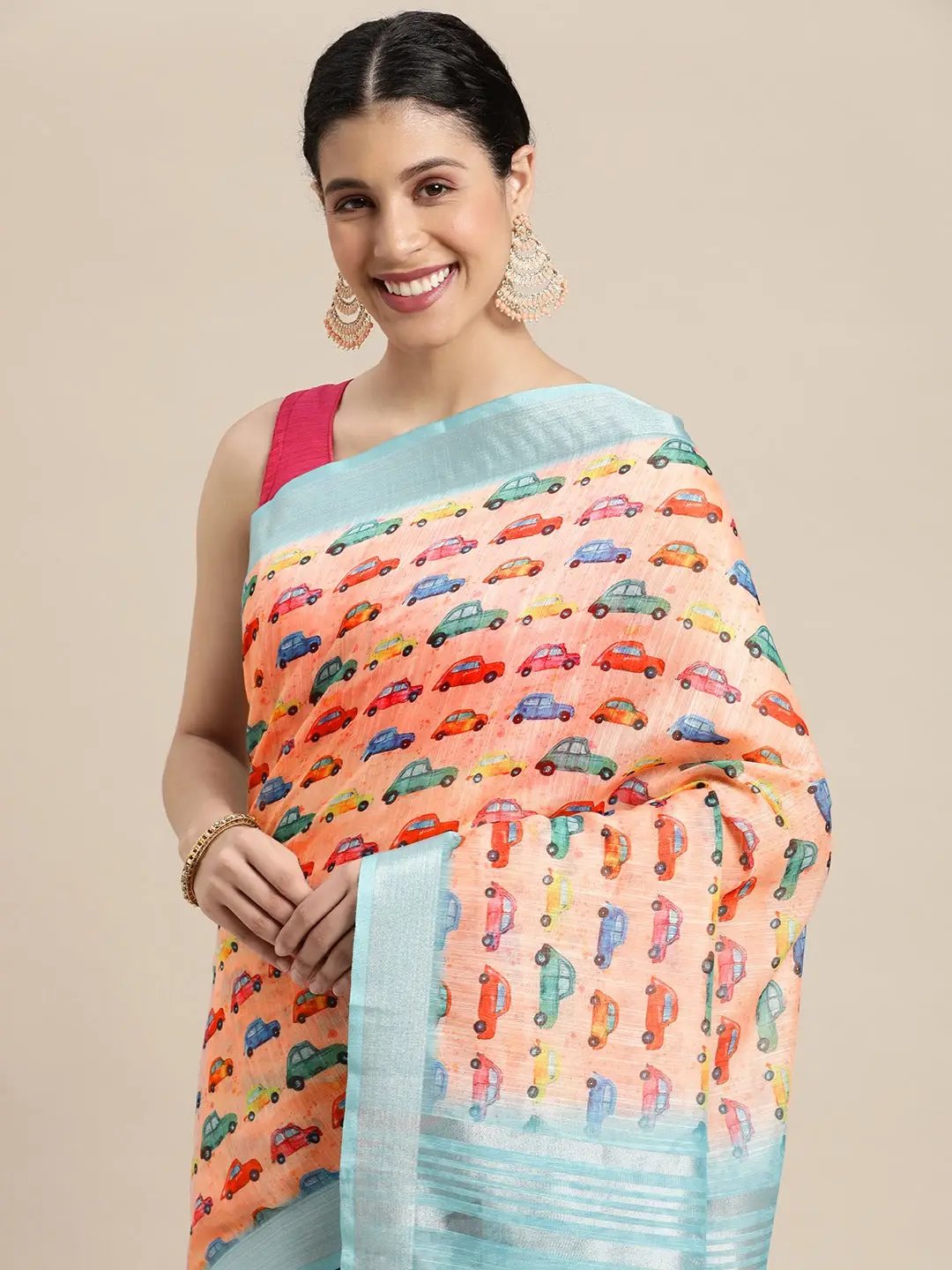 Trendy Car Print Soft Linen Saree