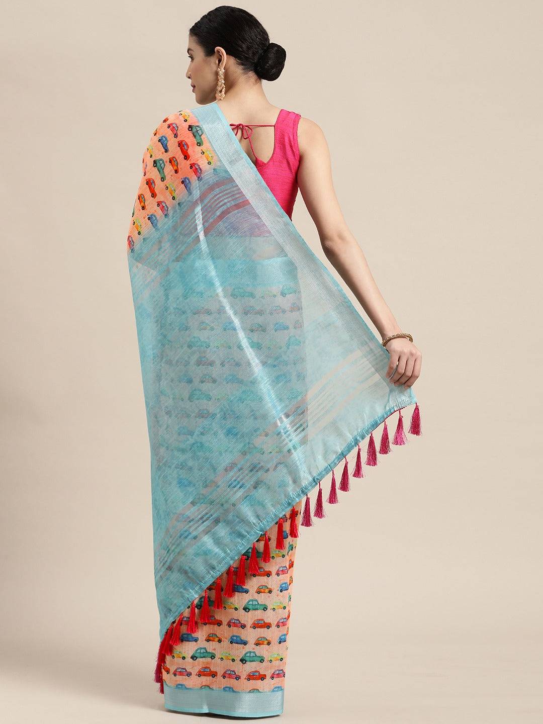 Trendy Car Print Soft Linen Saree