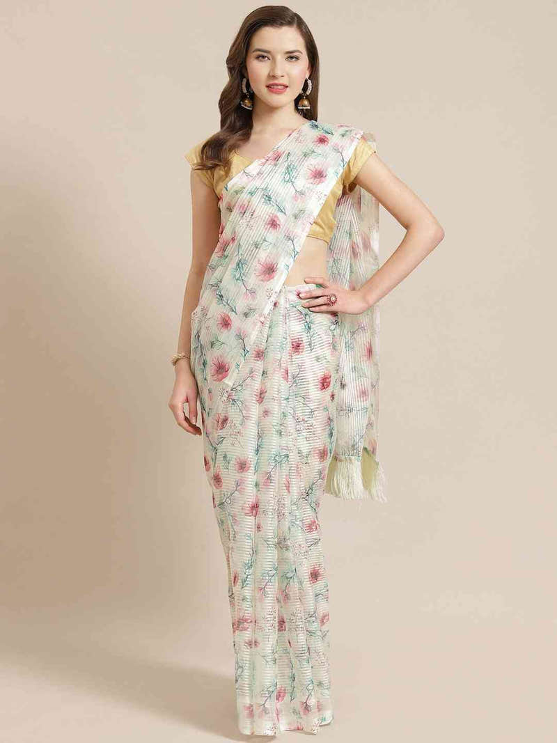 Stylish Off White Poly Chiffon Floral Digital Print Saree