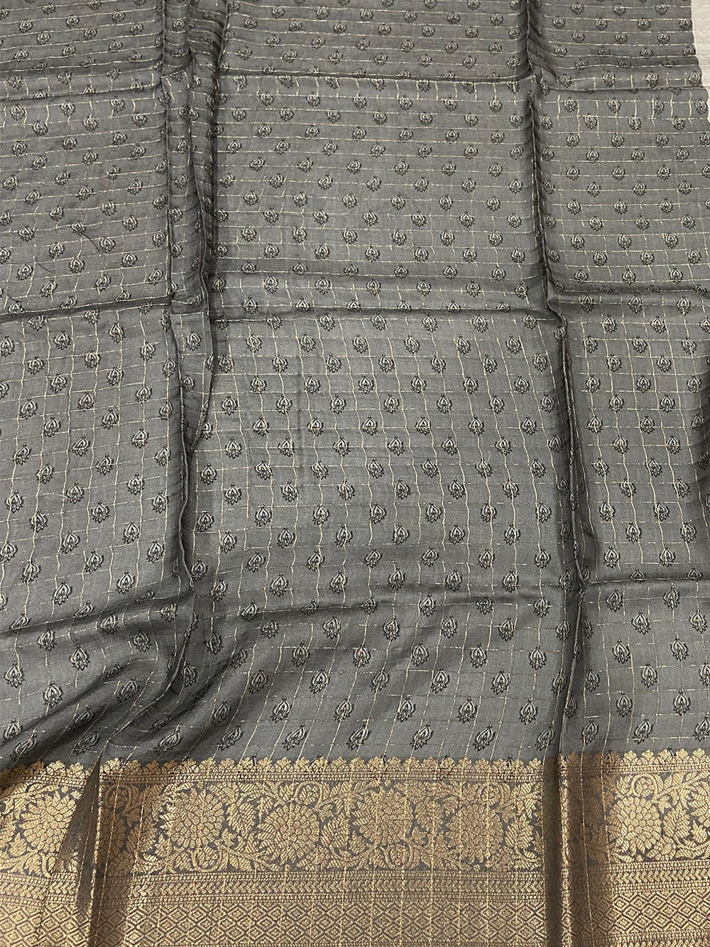 Grey Floral Zari Chex Saree

