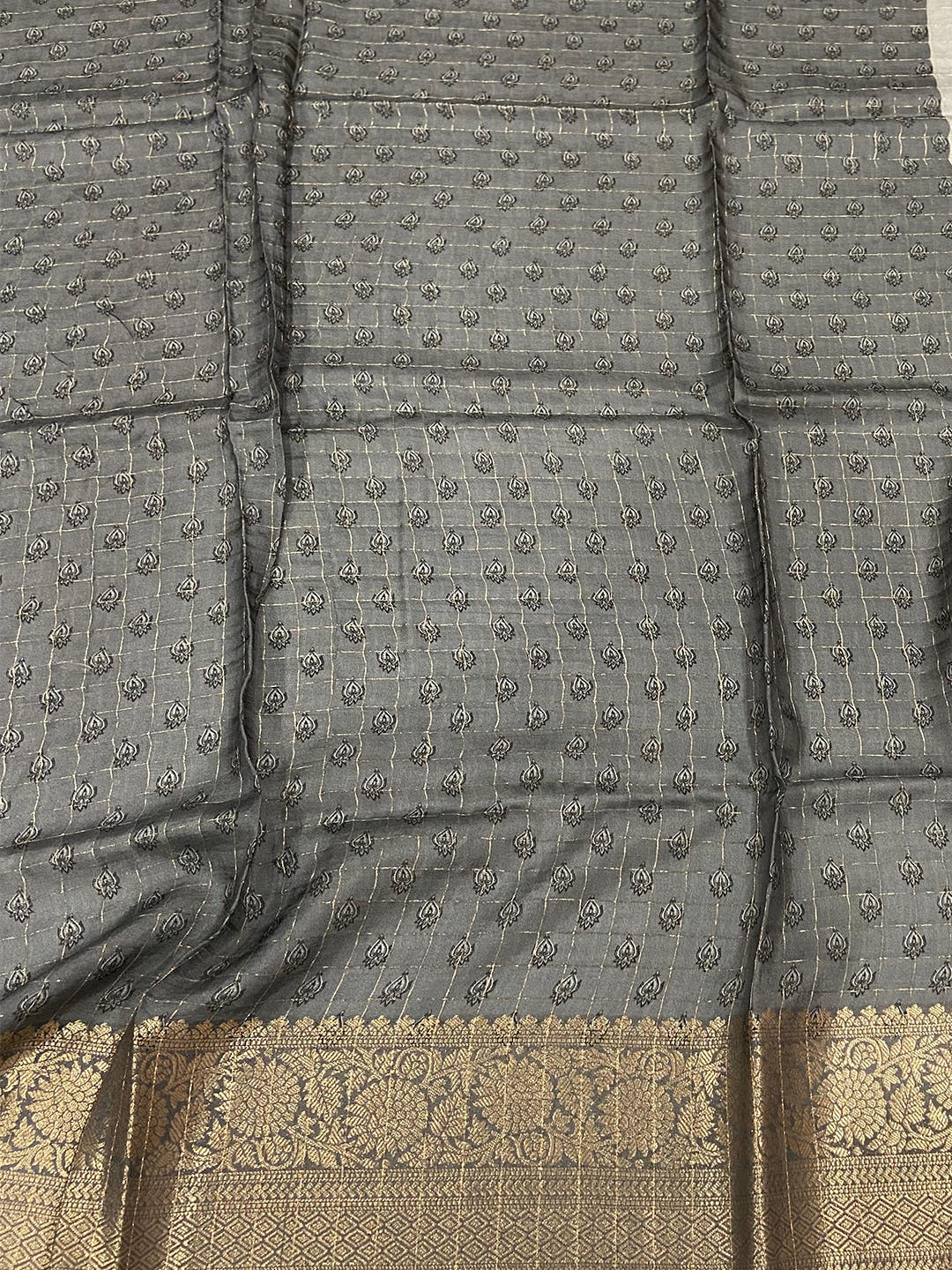 Grey Floral Zari Chex Saree

