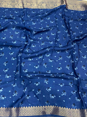 Blue Floral Peacock Fusion Saree