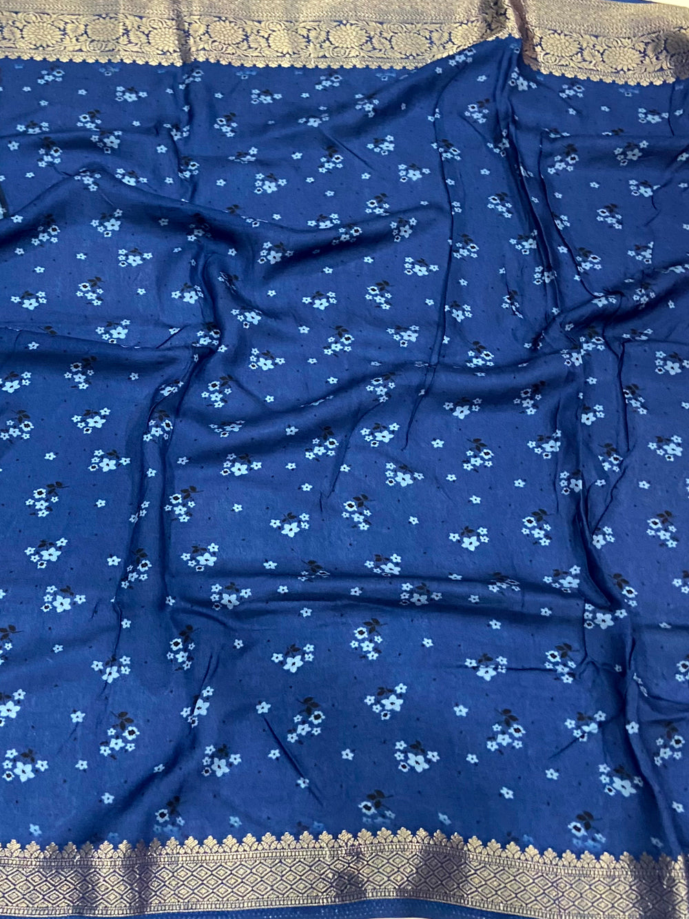 Blue Floral Peacock Fusion Saree