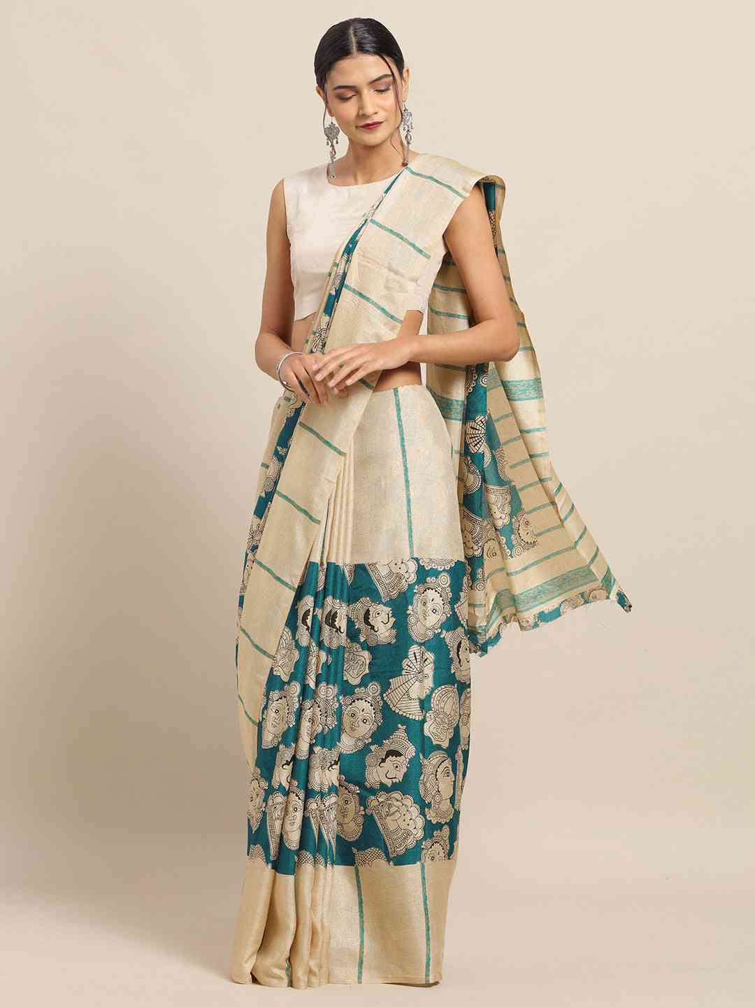 Exclusive Stylish Linen Kalamkari Printed Chanderi Saree 