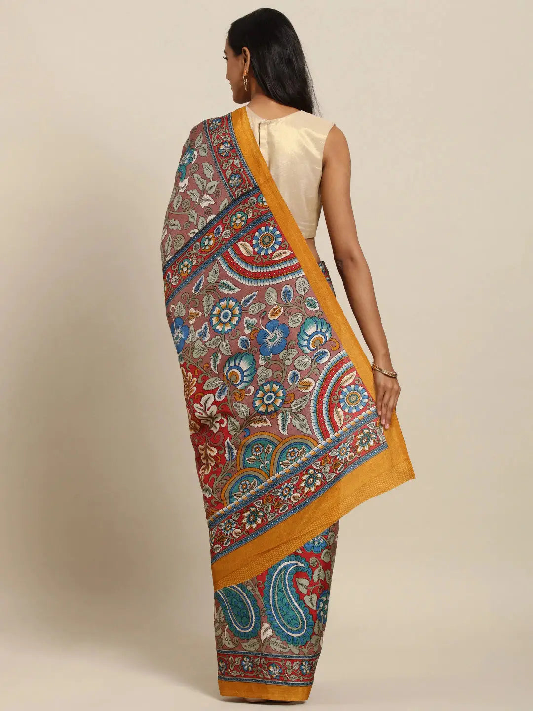 Stylish Linen Solid And Kalamkari Work Chanderi Saree