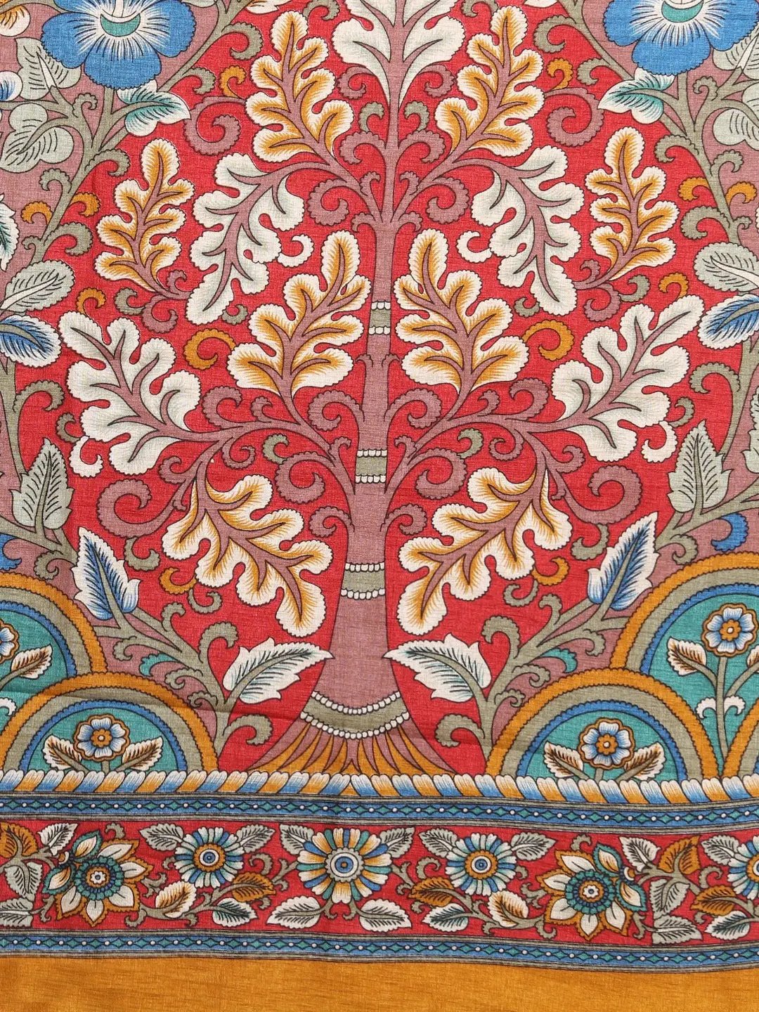 Stylish Linen Solid And Kalamkari Work Chanderi Saree