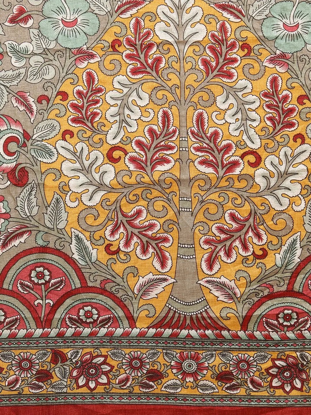 Stylish Linen Solid Border And Kalamkari Work Chanderi Saree
