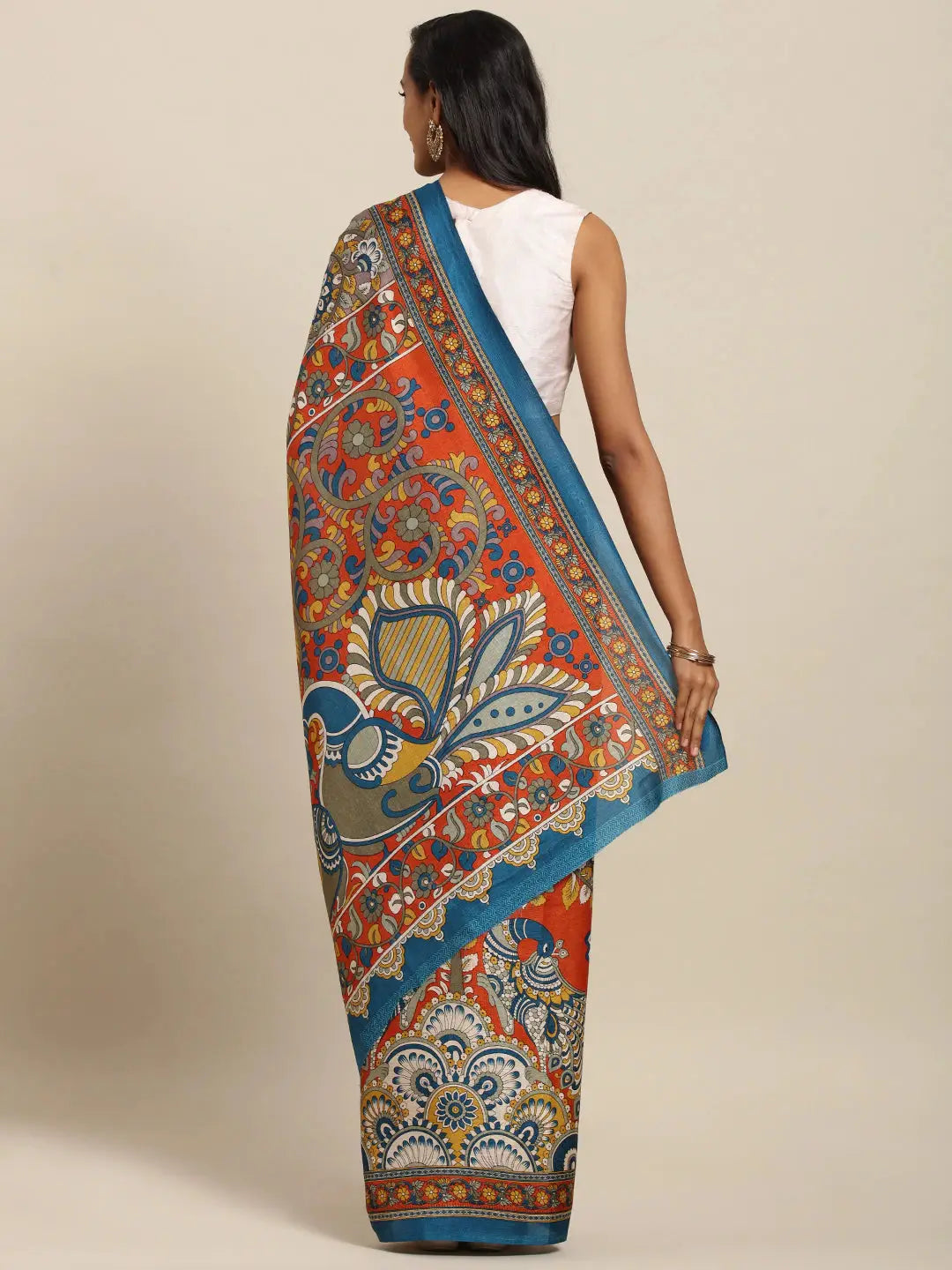 Stylish Linen Printed And Kalamkari Work Chanderi Saree
