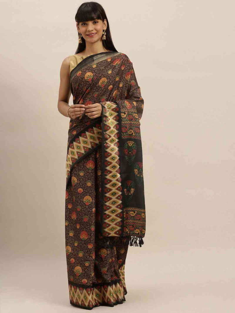 Beautiful Linen Brown Colour Pochampally Zari Woven Design Saree
