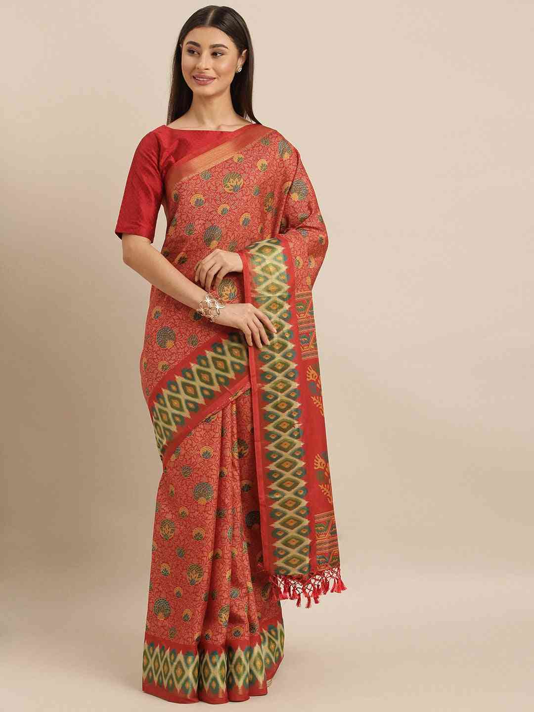 Beautiful Linen Saree With Printed And Ethnic Motifs Work
