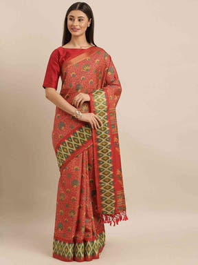 Beautiful Linen Saree With Printed And Ethnic Motifs Work