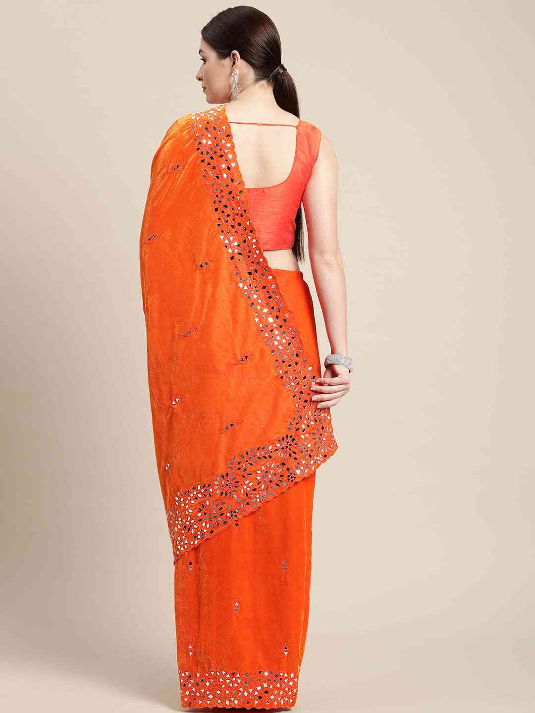 Orange Colour Embroidered Velvet Saree with Mirror Work