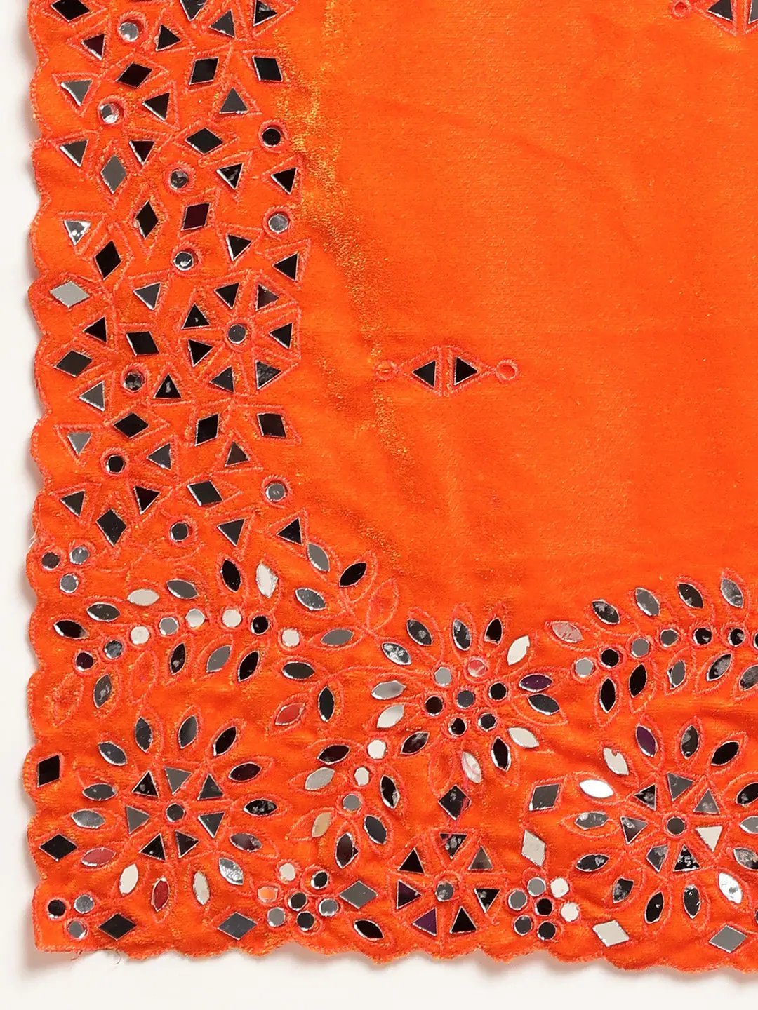 Orange Colour Embroidered Velvet Saree with Mirror Work