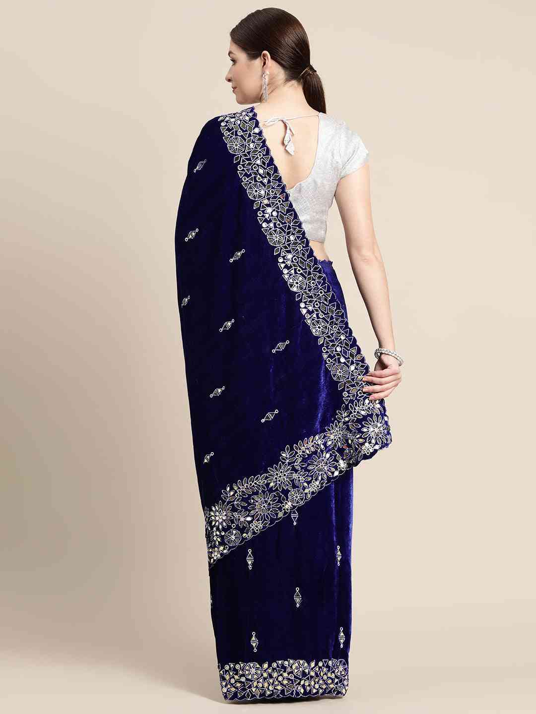 Blue Colour Stylish Embroidery Velvet Saree with Mirror Work