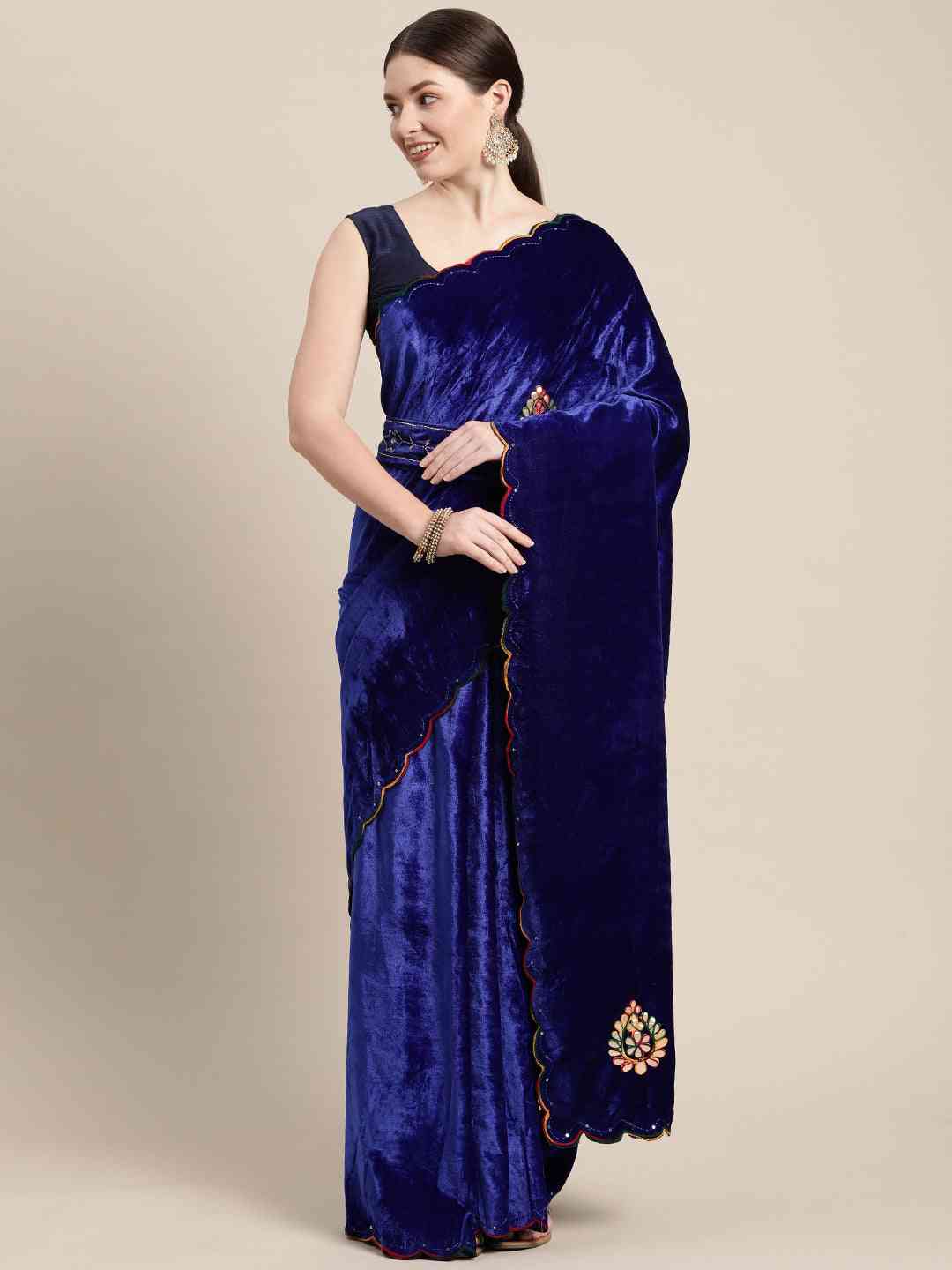 Blue Colour Embroidered Velvet Saree with Ethnic Motifs