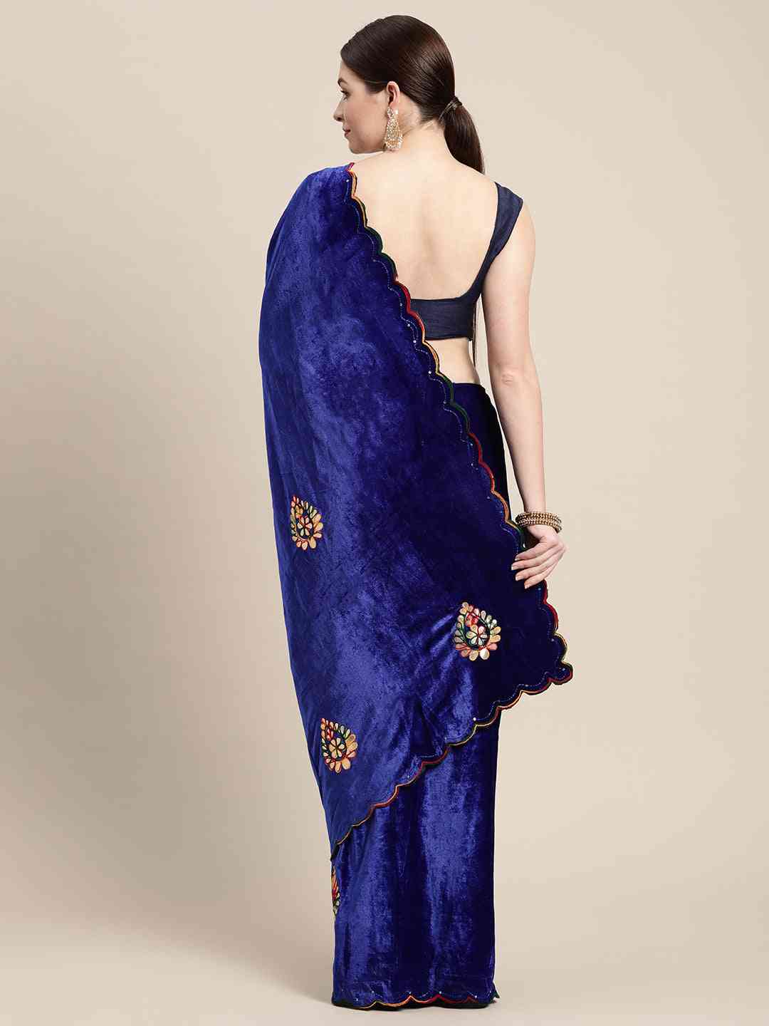 Blue Colour Embroidered Velvet Saree with Ethnic Motifs