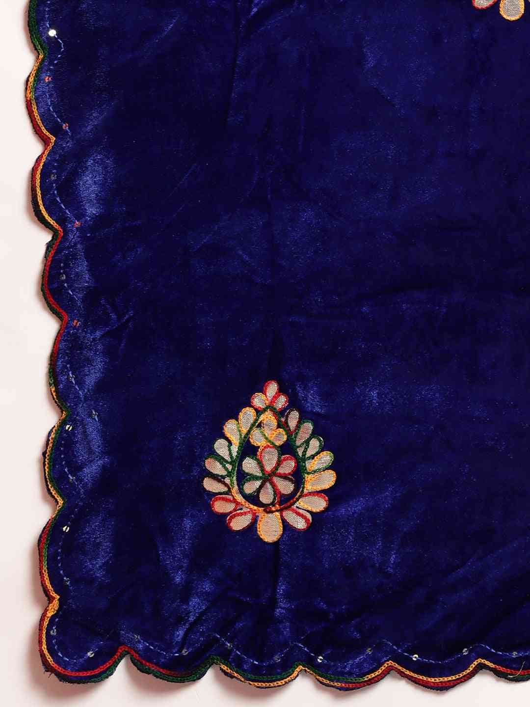 Blue Colour Embroidered Velvet Saree with Ethnic Motifs