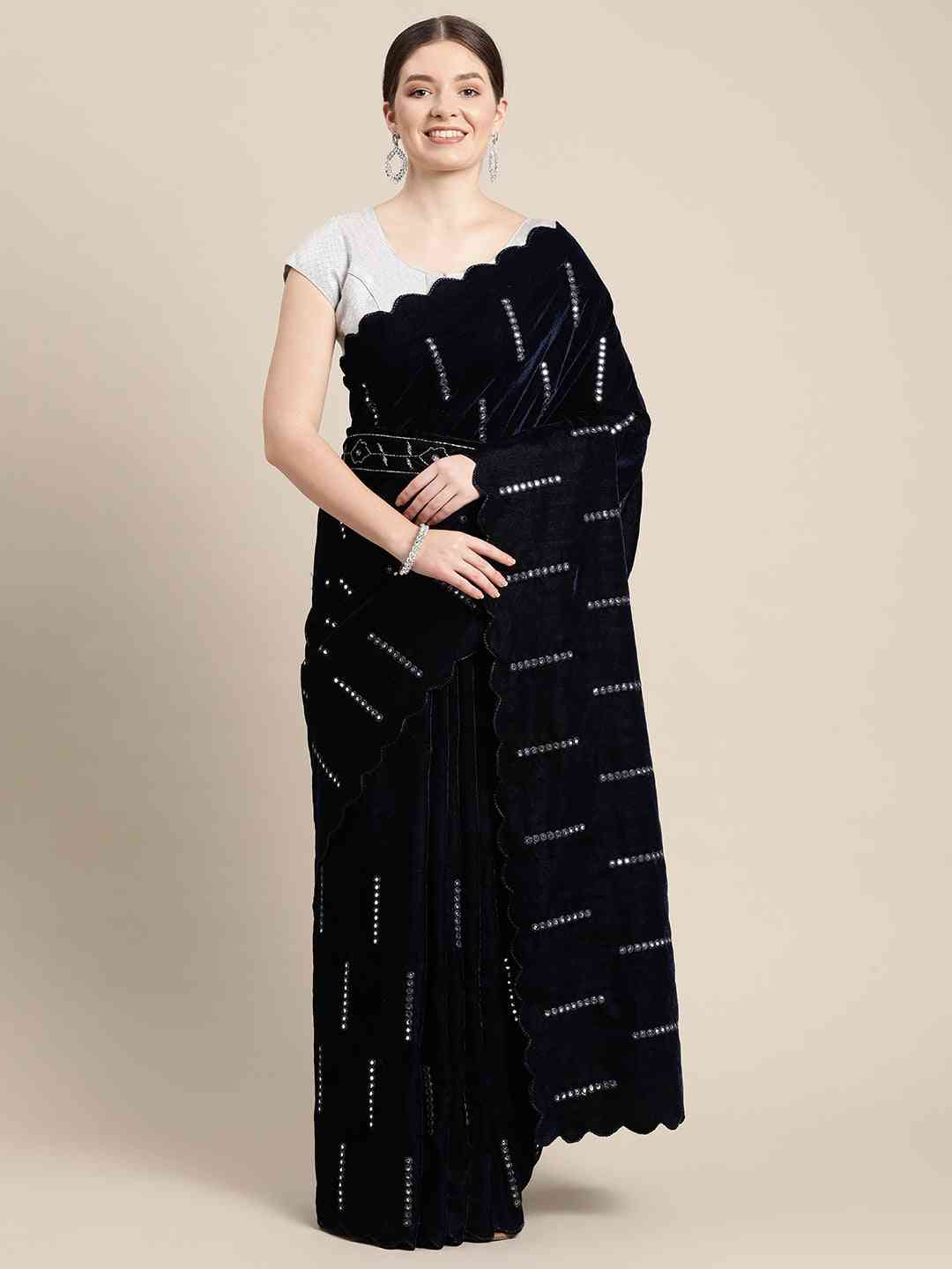 Navy Colour Embroidered Velvet Saree with Mirror Work