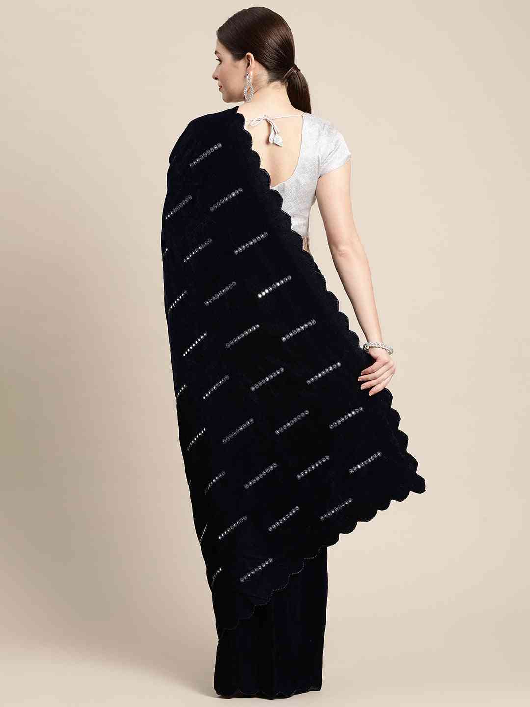 Navy Colour Embroidered Velvet Saree with Mirror Work