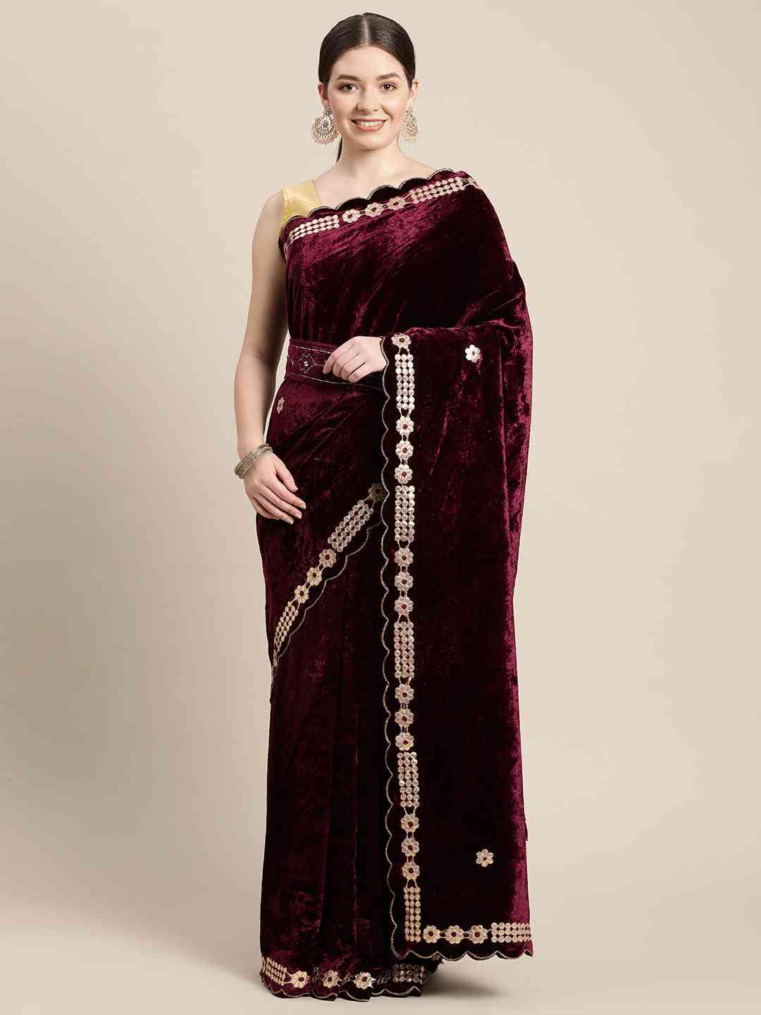Stylish Embroidered Velvet Saree with Ethnic Motifs