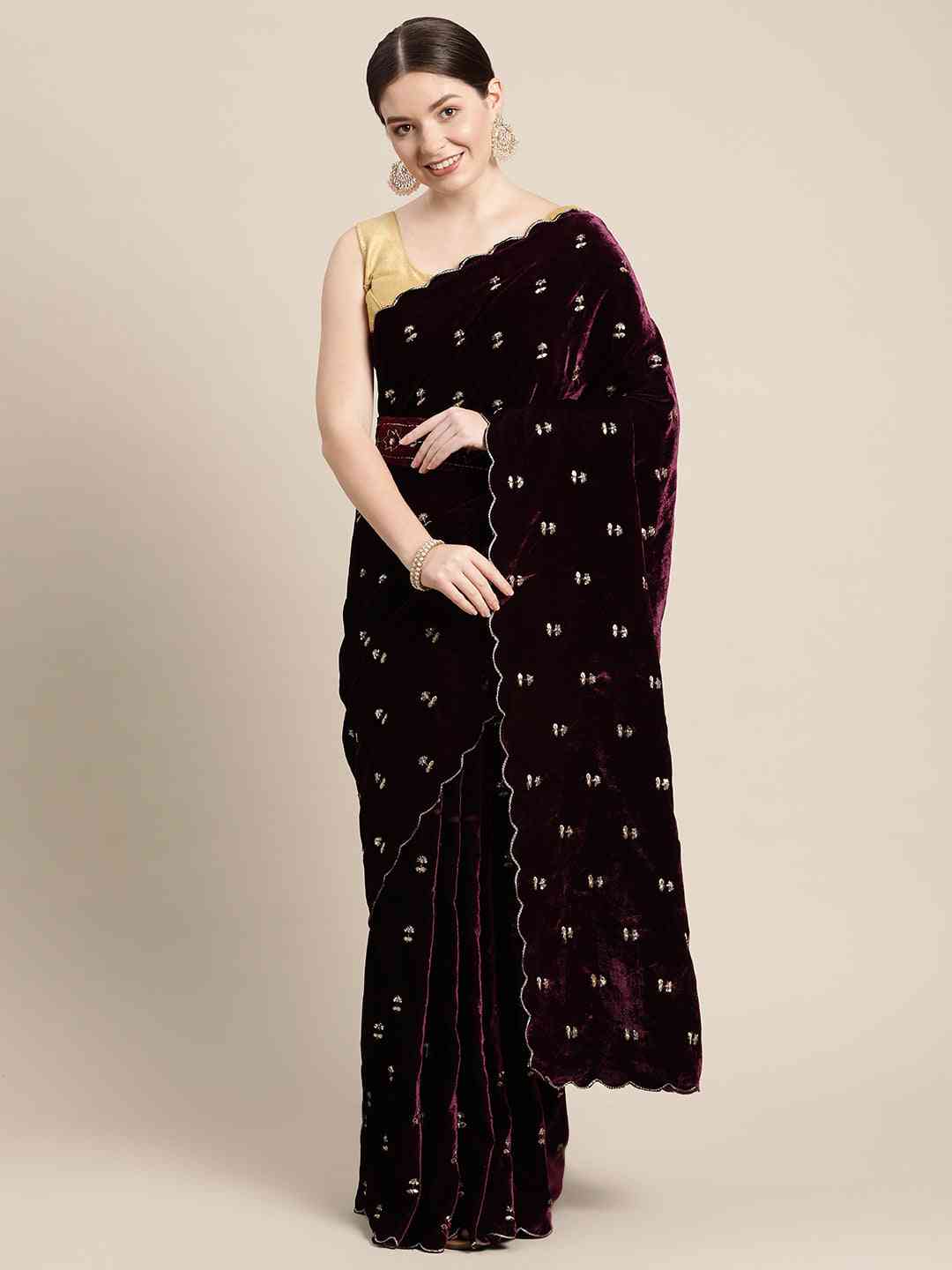  Exclusive Embroidered Velvet Saree with Cut Work