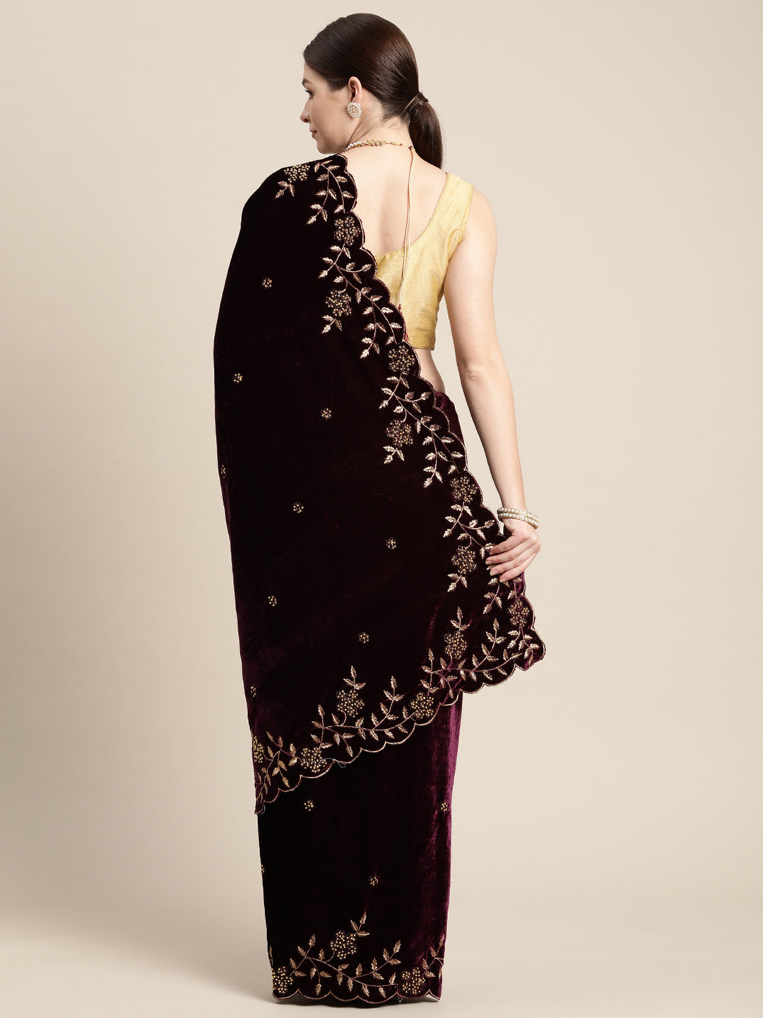 Burgundy Colour Exclusive Embroidered Velvet Saree