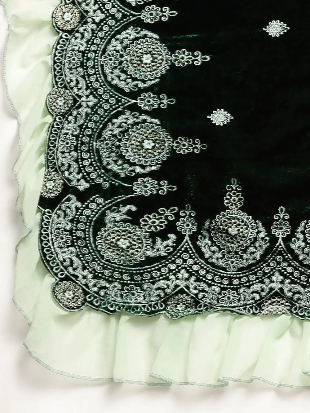 Green Colour Embroidered Velvet Saree with Ethnic Motifs 