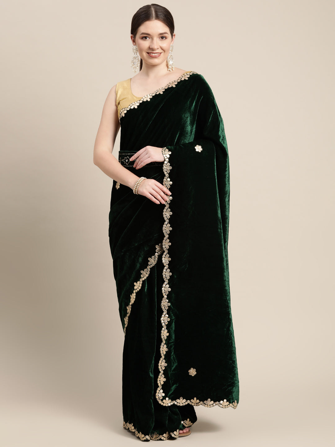 Beautiful Embroidered Velvet Saree with Ethnic Motifs