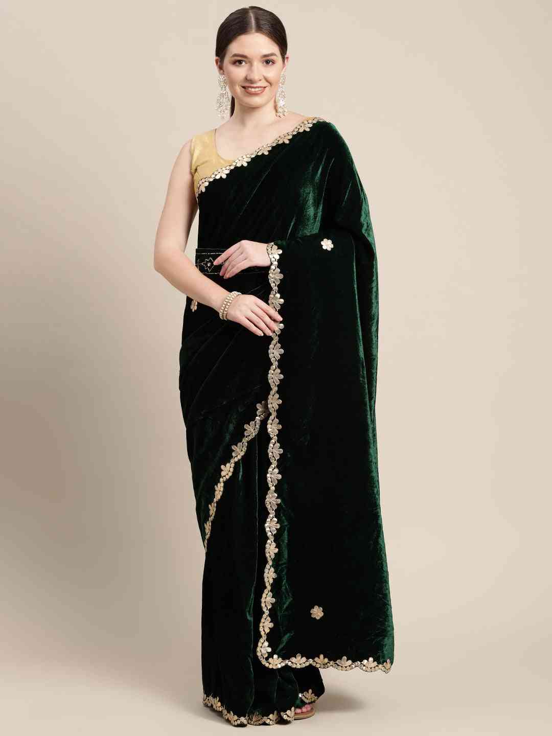 Beautiful Embroidered Velvet Saree with Ethnic Motifs