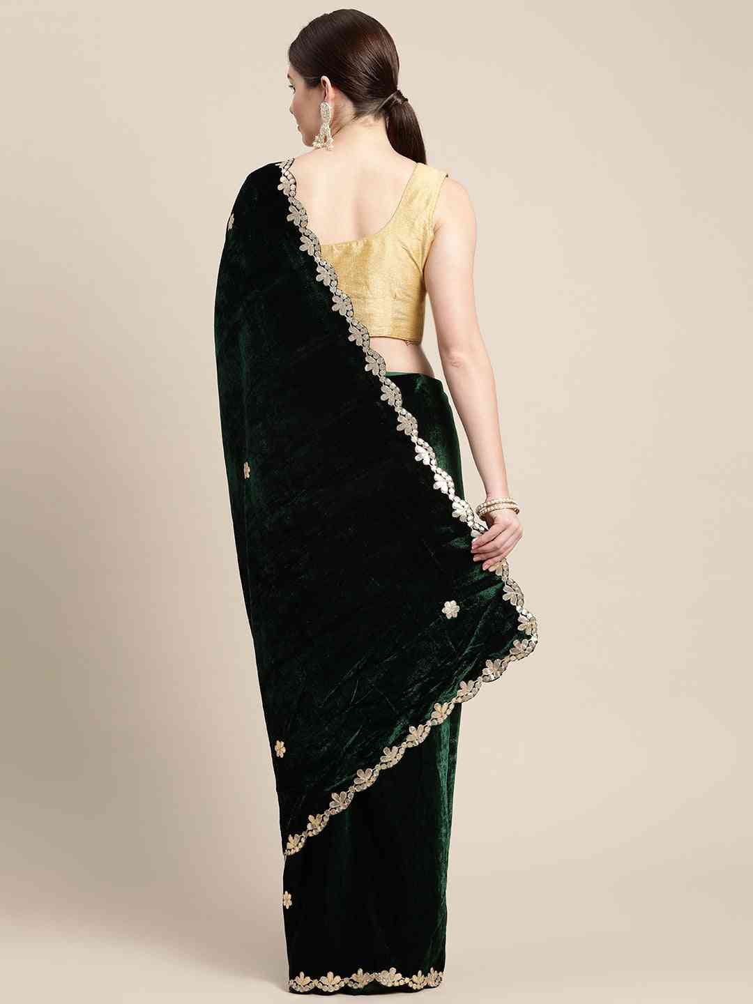 Beautiful Embroidered Velvet Saree with Ethnic Motifs