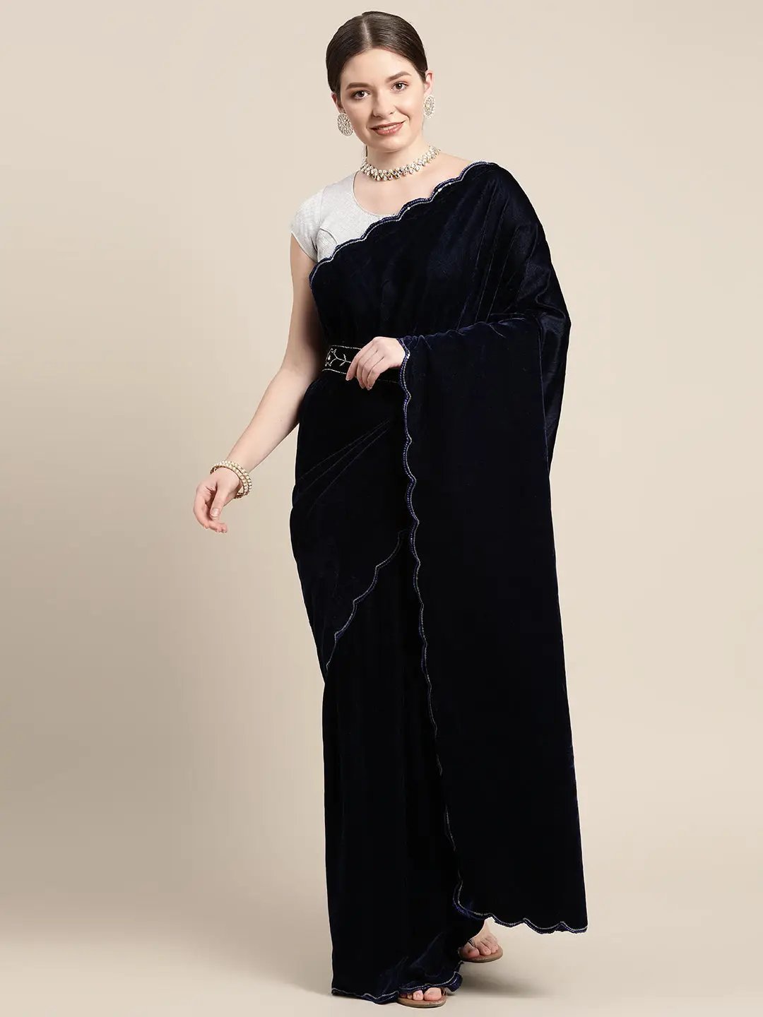 Stylish Embroidered Velvet Saree with Sequence Work
