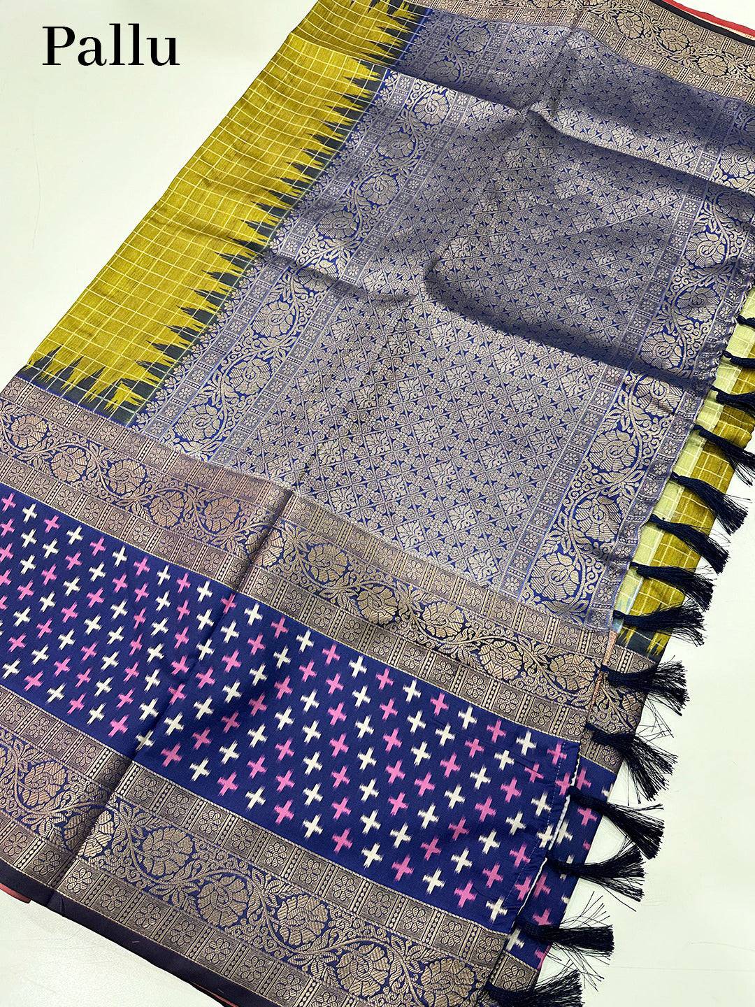 Green Chex Ikkat Saree With Double Border

