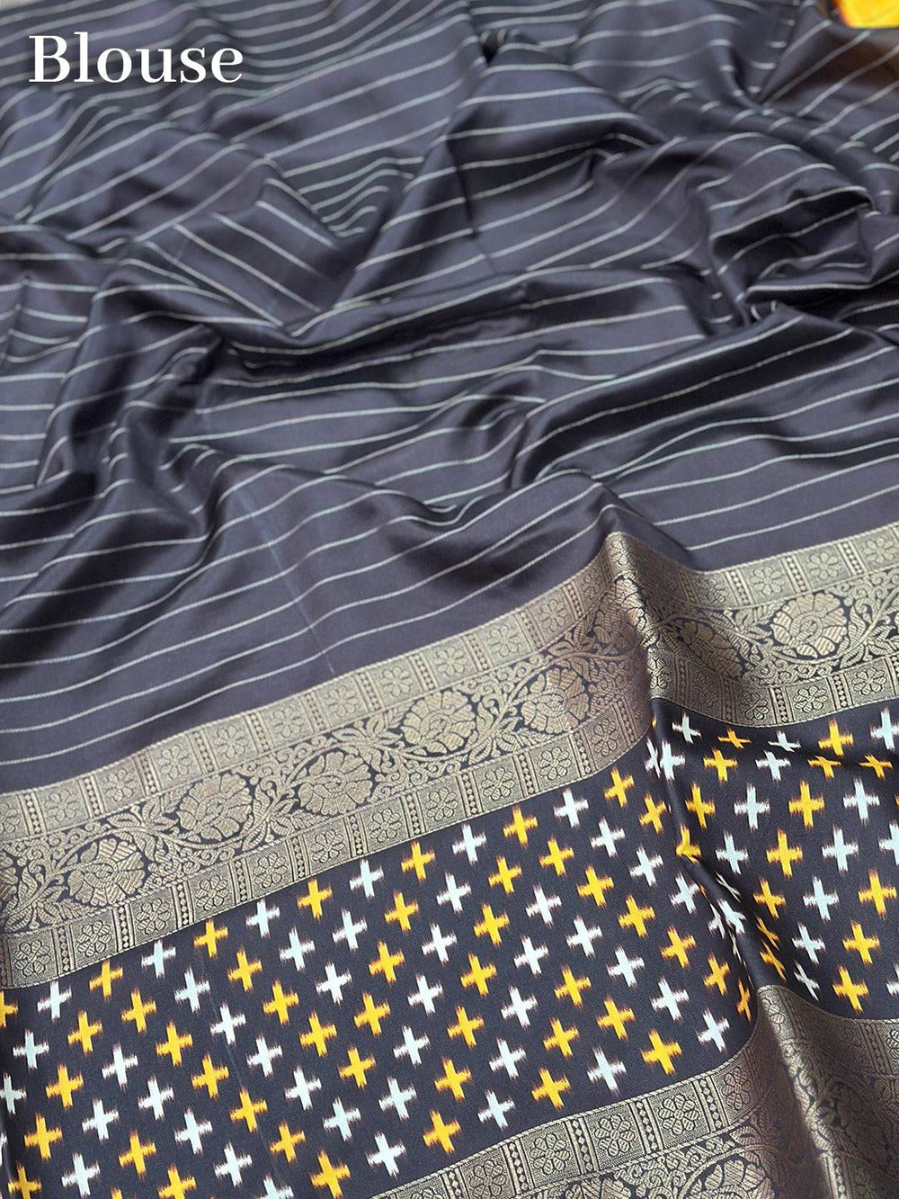 Blouse fabric of Yellow Chex Ikkat saree with border
