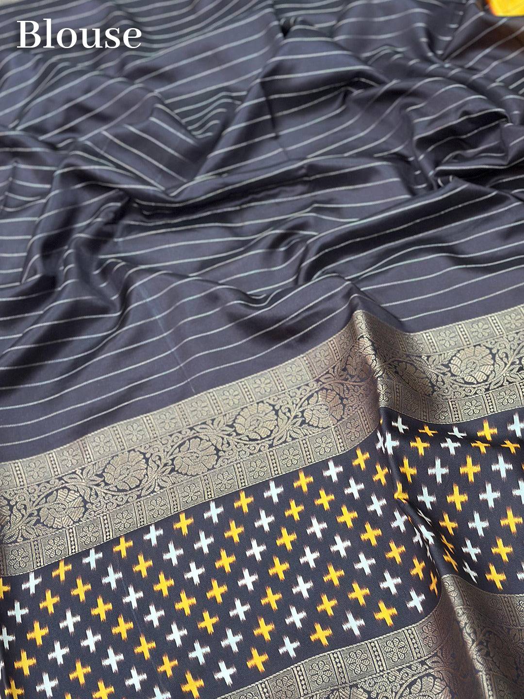 Blouse fabric of Yellow Chex Ikkat saree with border