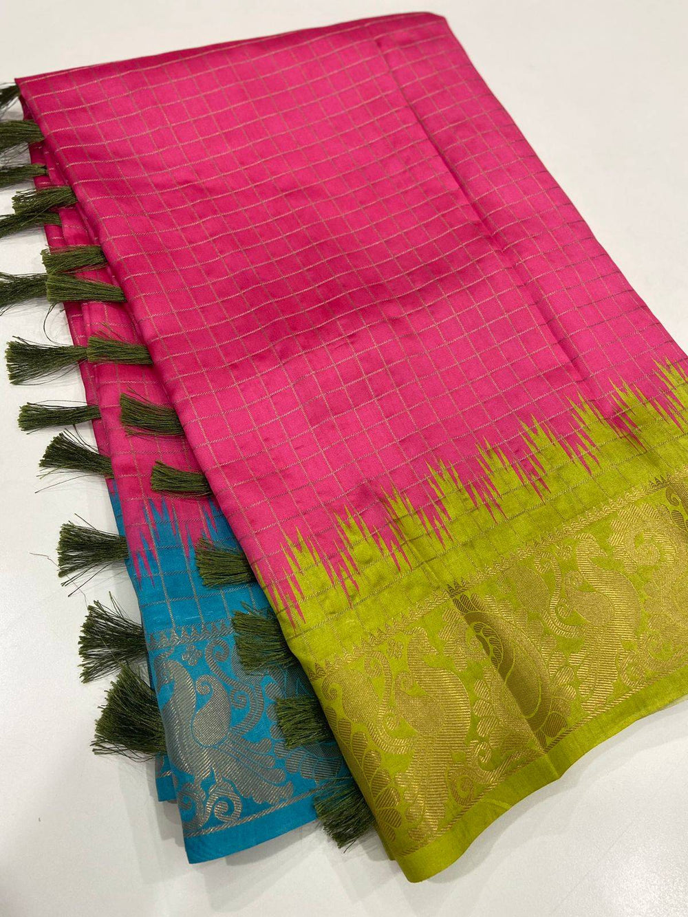 Pink Banarasi Silk Gadwal Pattu Saree with tassels