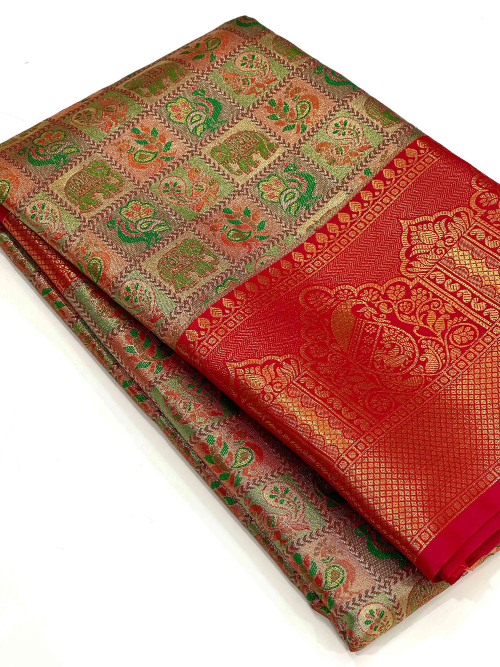 Red Animal Motif Saree With Gold Zari Border