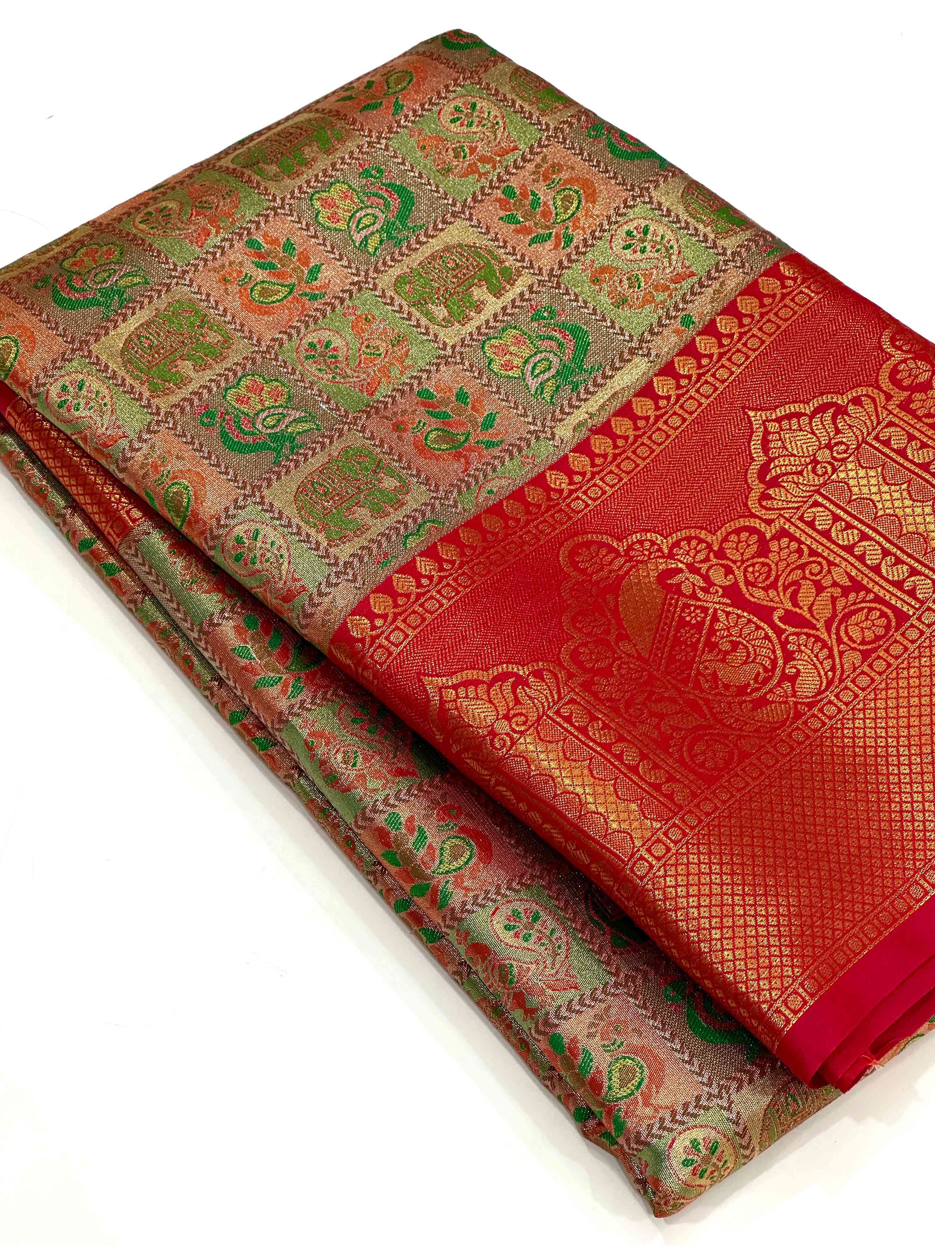 Red Animal Motif Saree With Gold Zari Border
