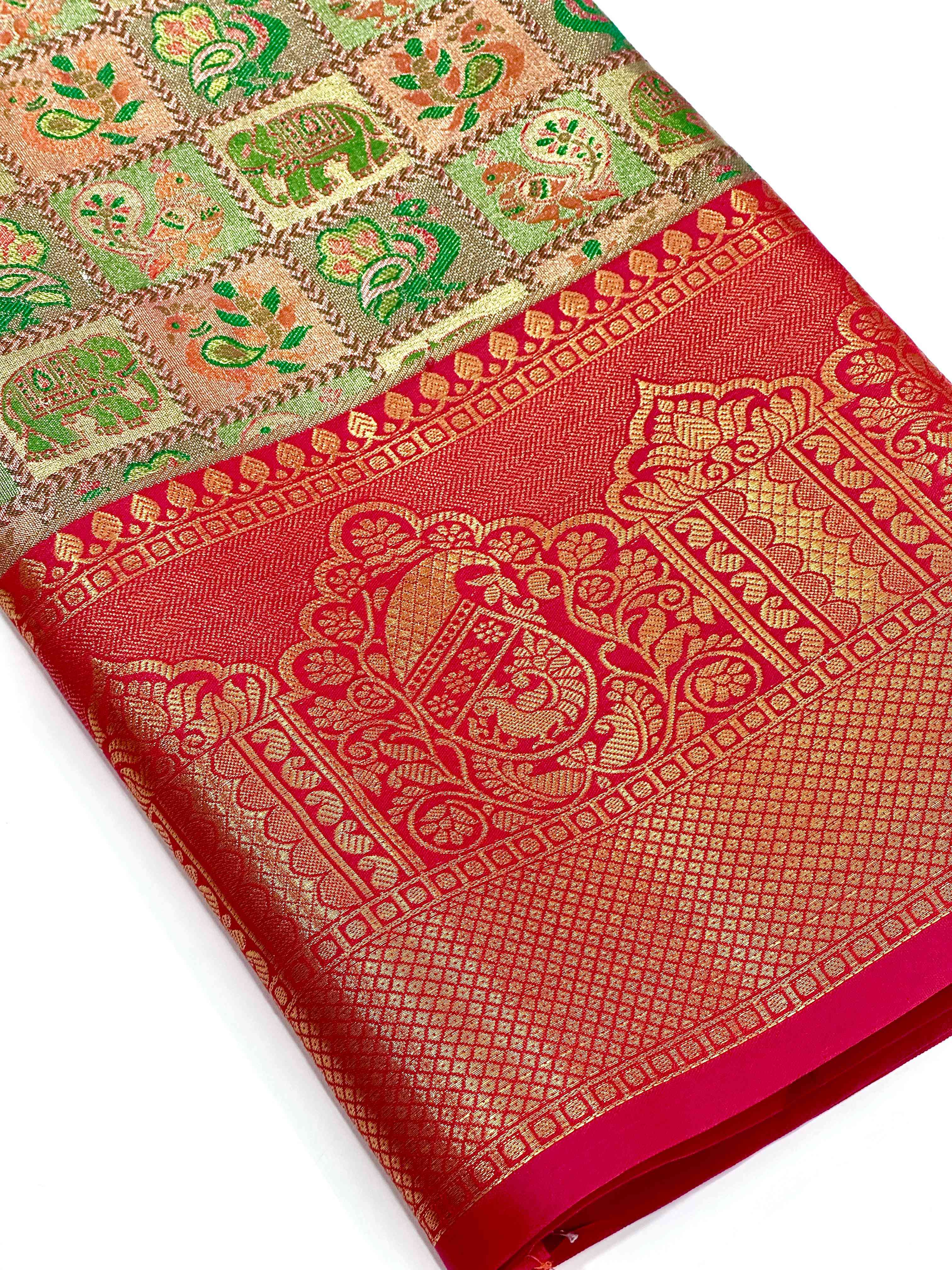 Red Animal Motif Saree With Gold Zari Border
