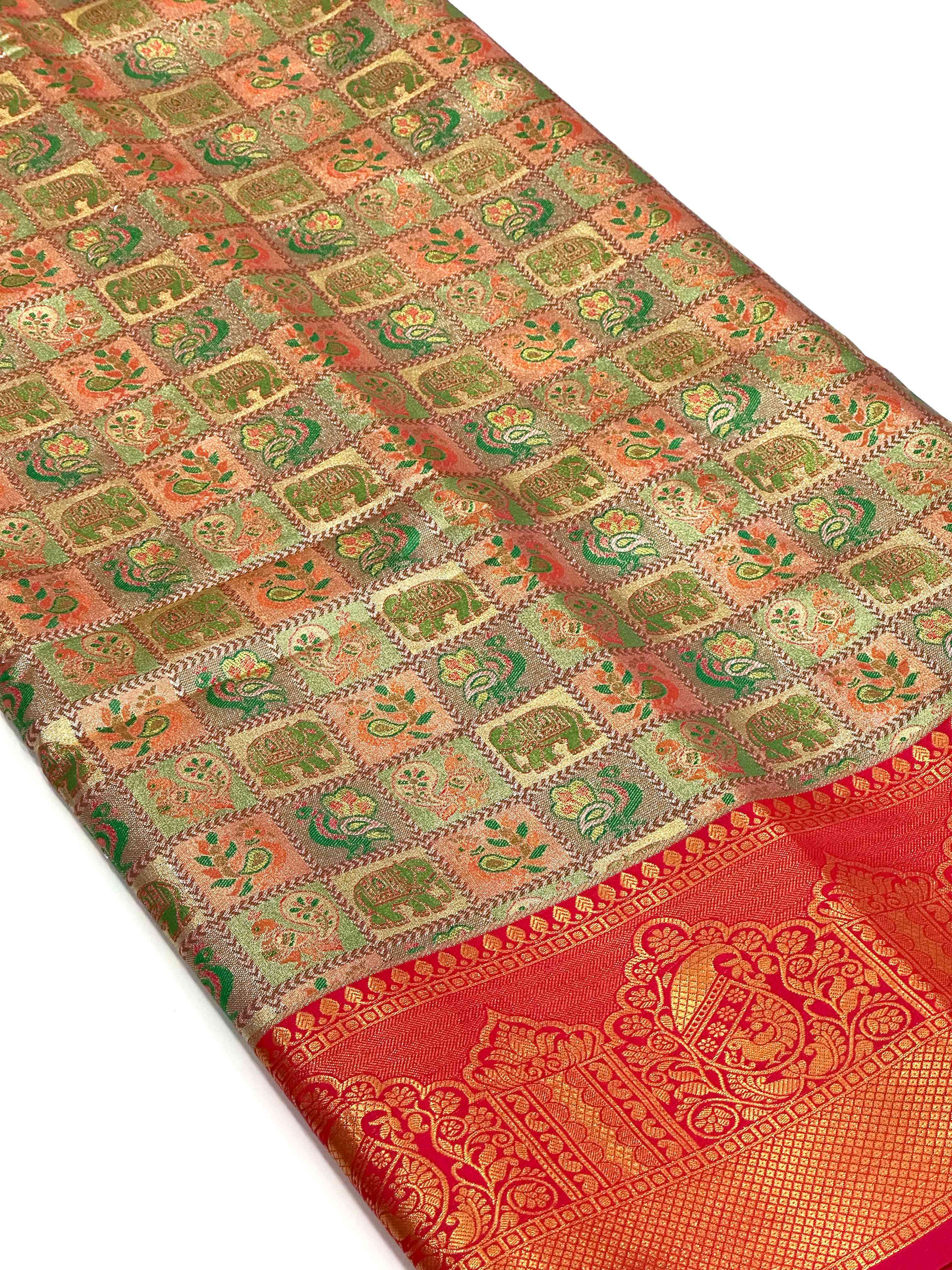 Red Animal Motif Saree With Gold Zari Border