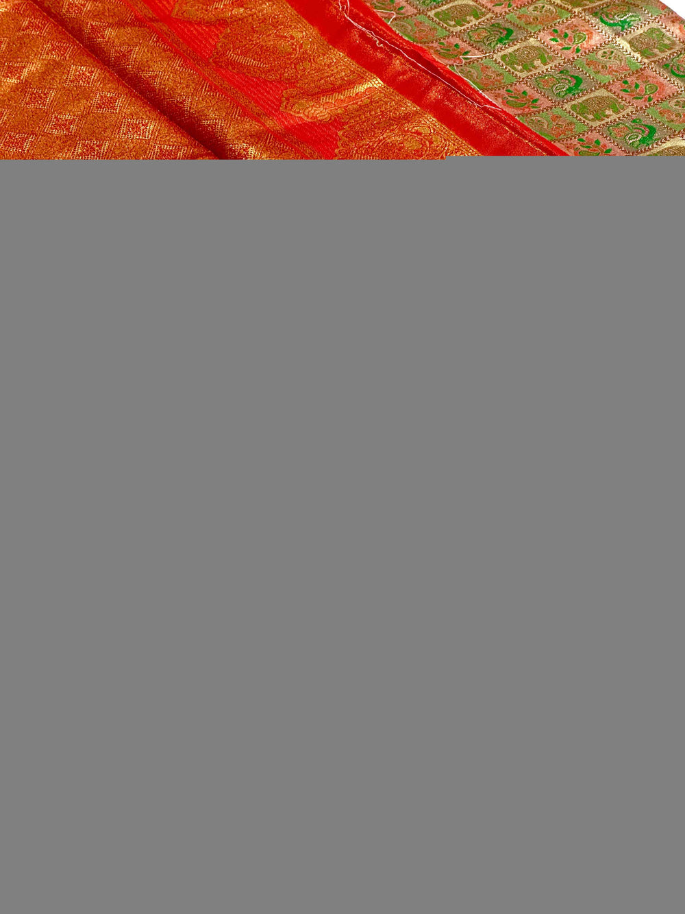 Red Animal Motif Saree With Gold Zari Border