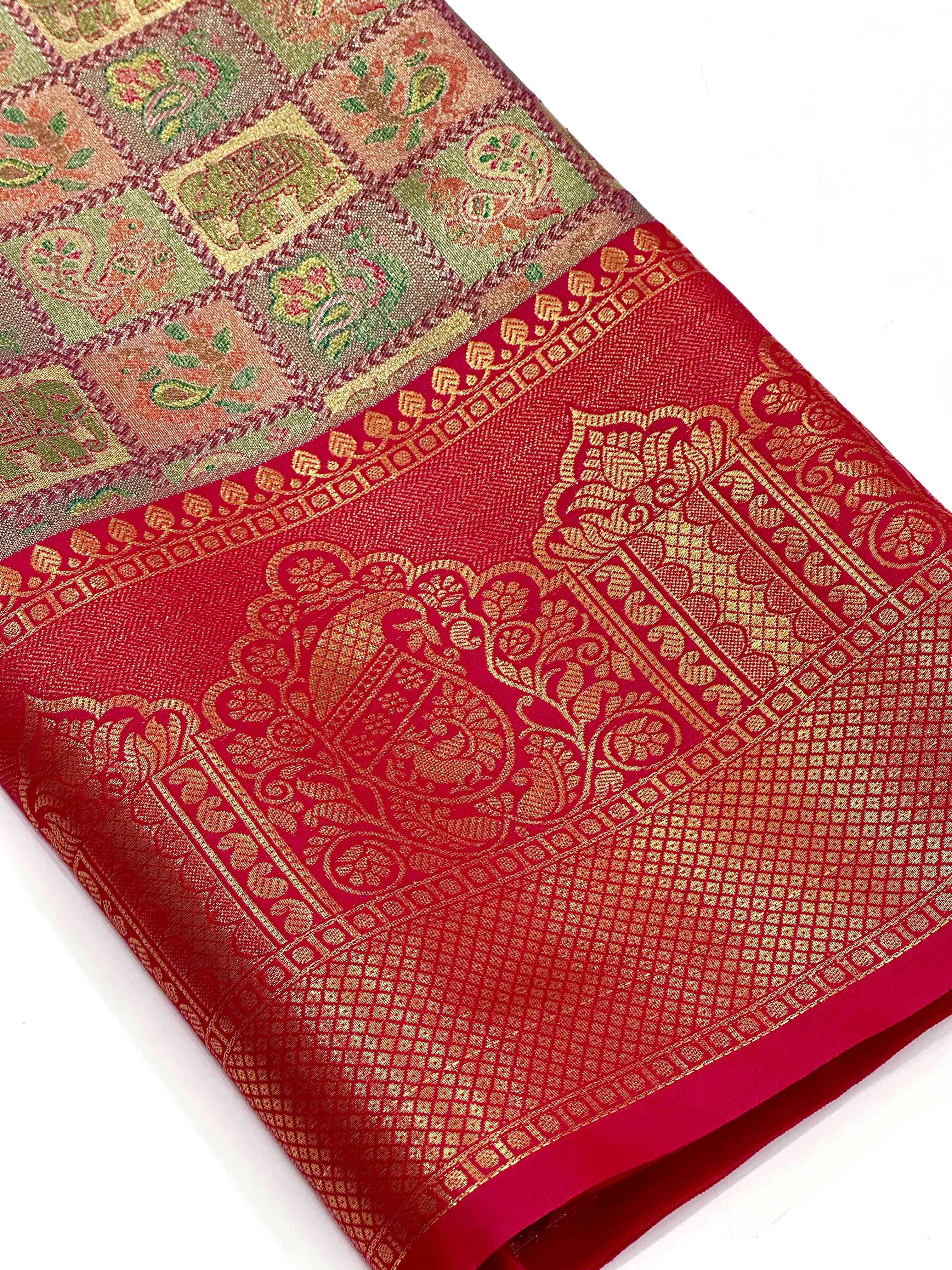 Pink Animal Motif Saree With Gold Zari Border
