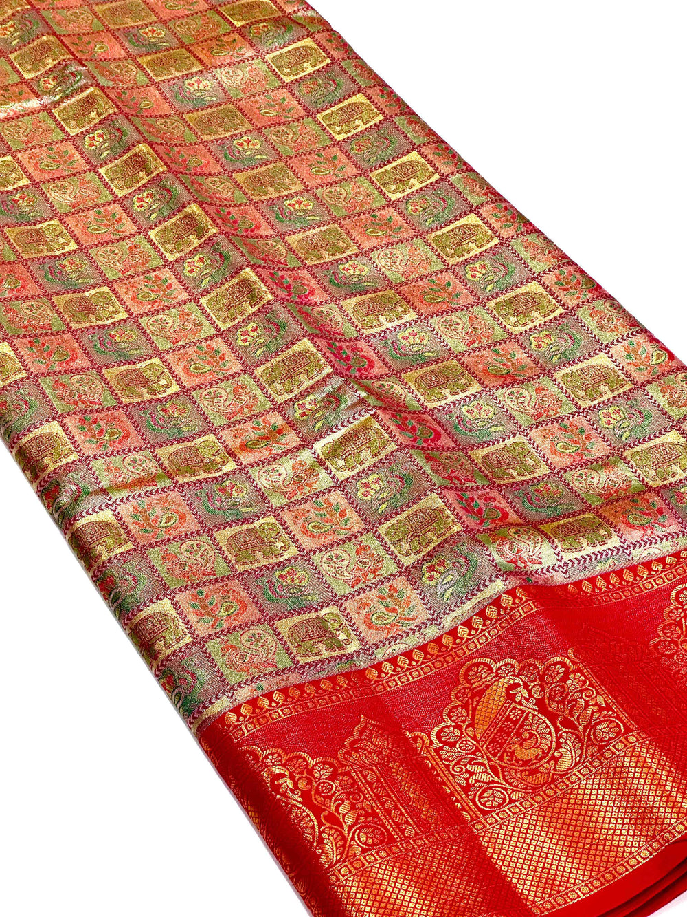 Pink Animal Motif Saree With Gold Zari Border