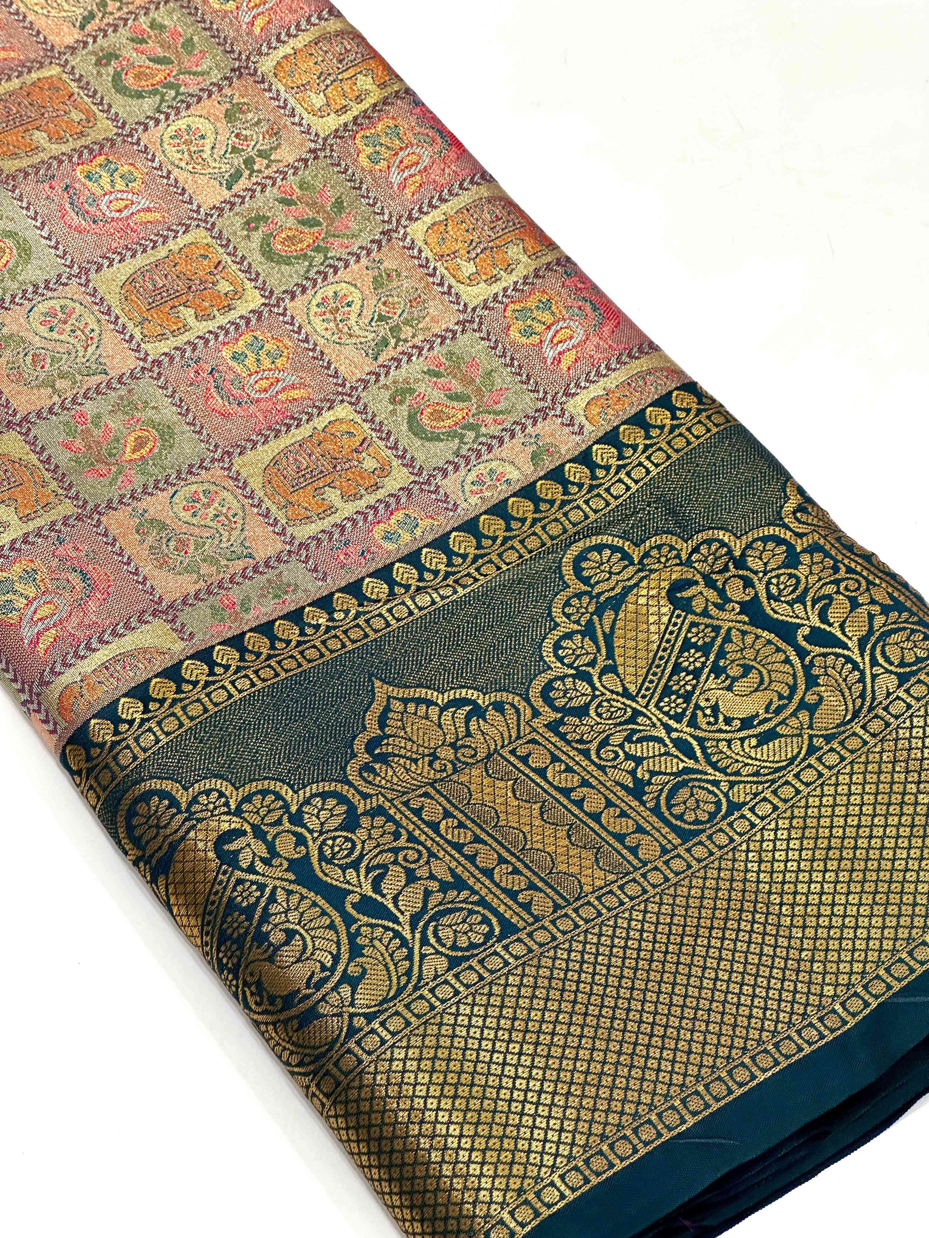 Green Animal Motif Saree With Gold Zari Border