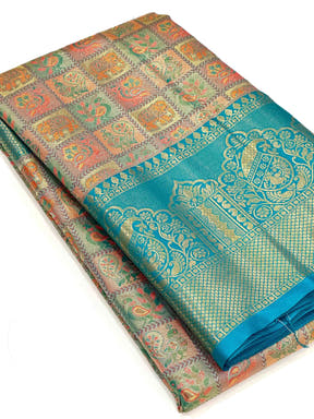Sky Blue Animal Motif Saree With Gold Zari Border