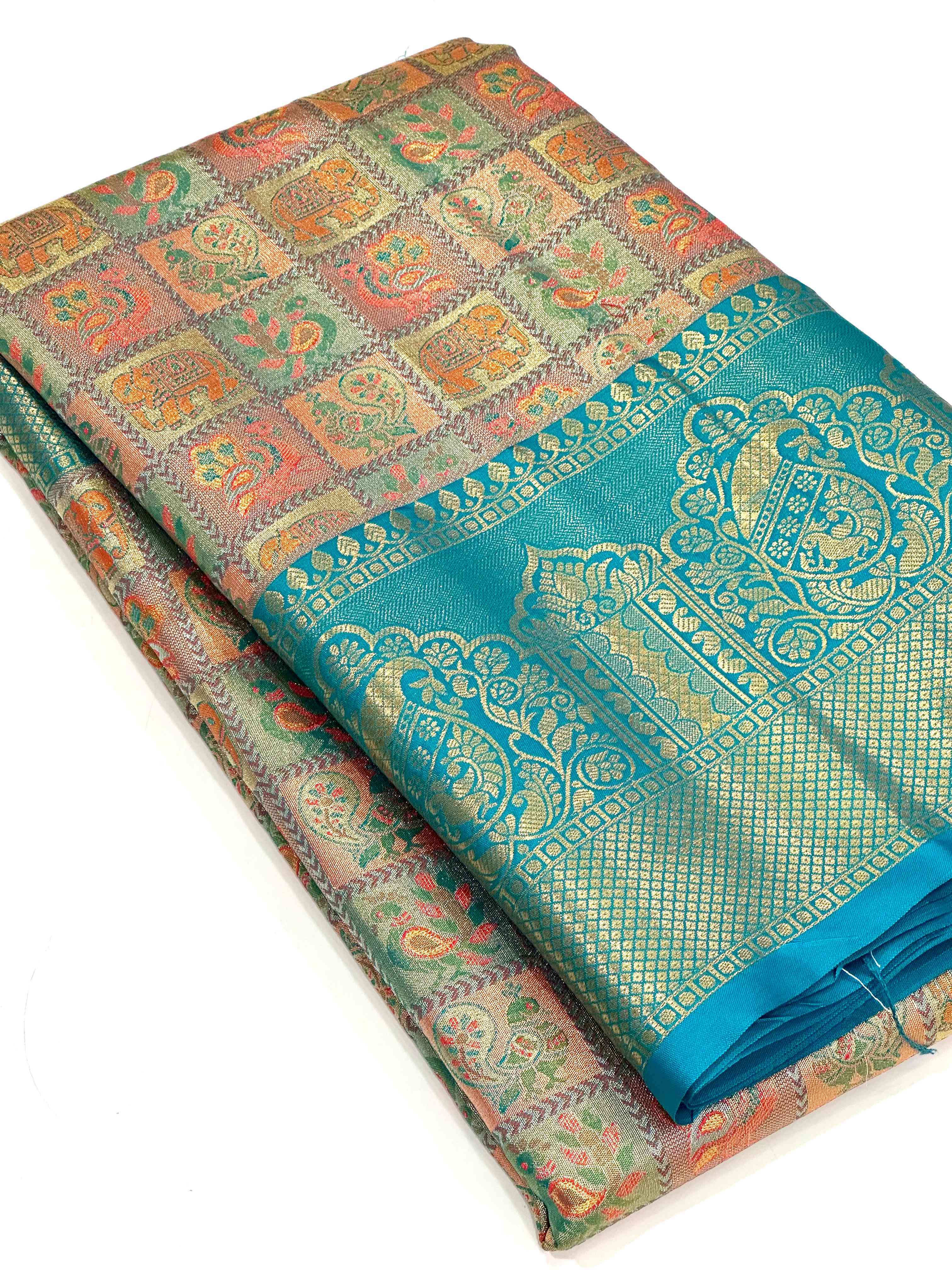 Sky Blue Animal Motif Saree With Gold Zari Border