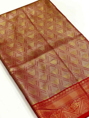 Red Golden Geometrics With Floral Elegance Saree
